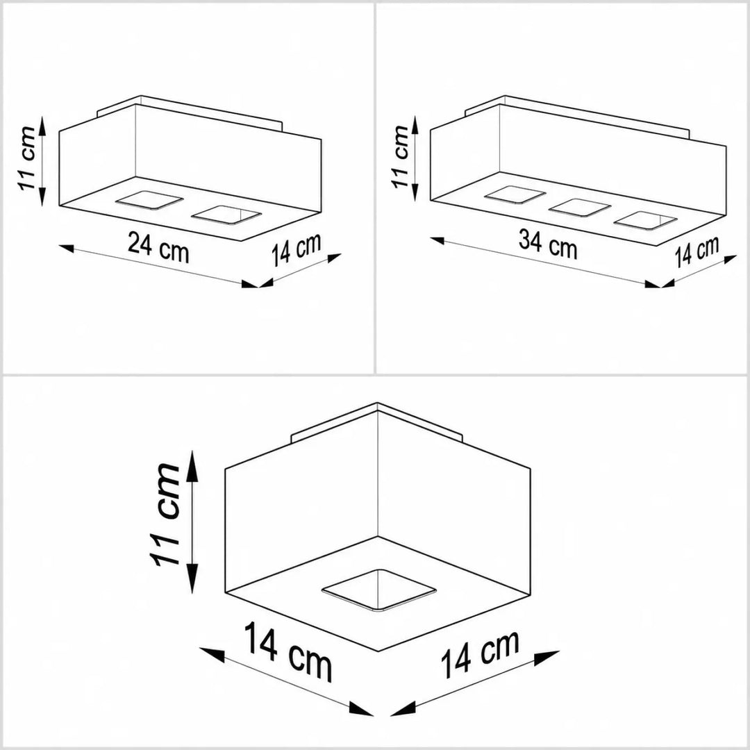 Luminaire plafonnier mono rectangulaire avec boîtier d’acier trois spots et marquages dimensionnels précis pour installation