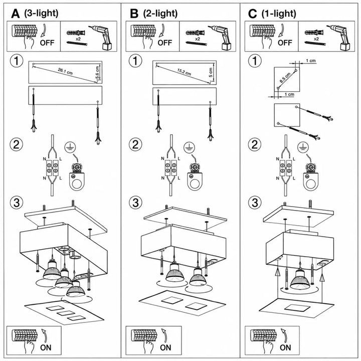 Schéma technique en noir et blanc montrant lassemblage dun plafonnier boîtier dacier avec trois spots a b et c