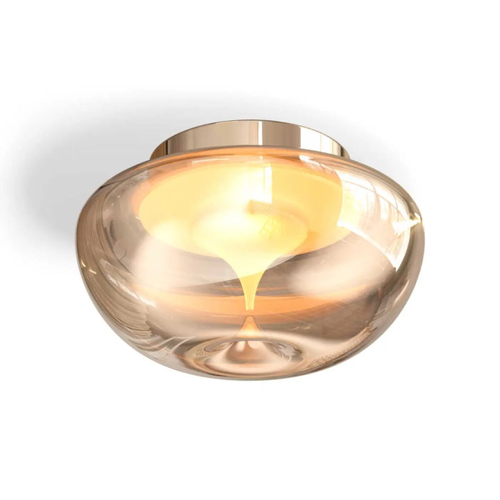 Luminaire plafonnier bond en verre sablé ambre translucide avec fixation en laiton poli double disque