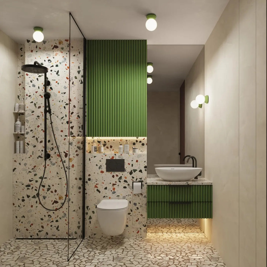 Luminaire plafonnier vert olive dans une salle de bains
