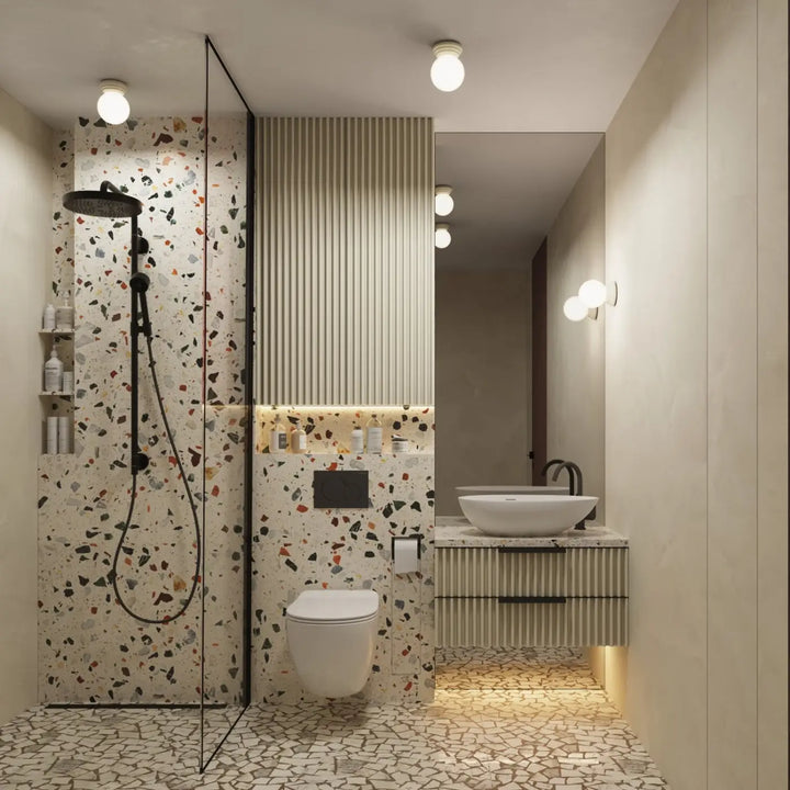 Luminaire plafonnier beige dans une salle de bains