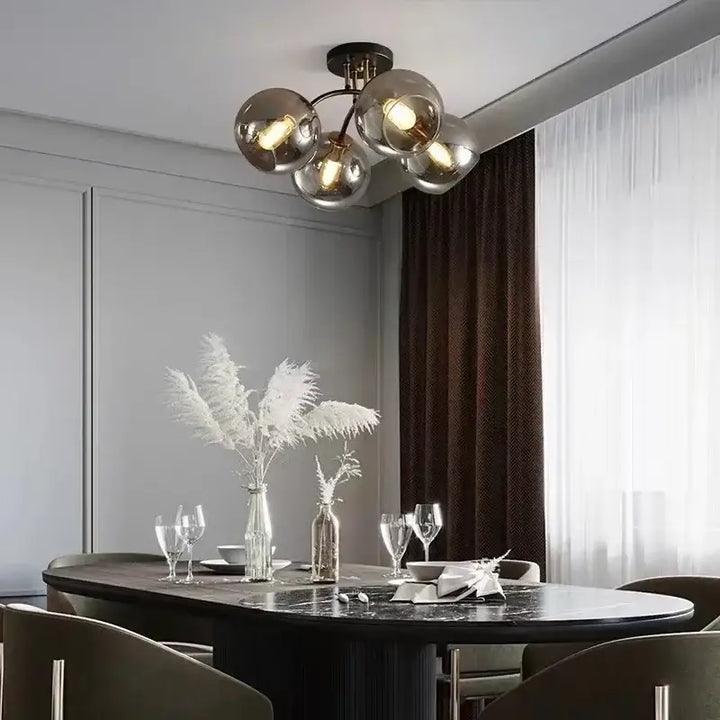 Plafonnier Contemporain Boules Verre Clair Et Détails Dorés