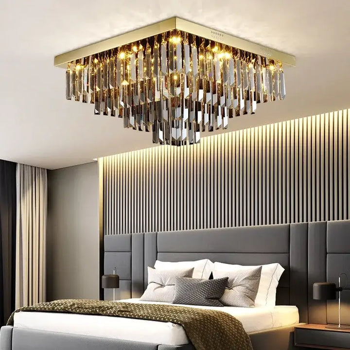 Plafonnier Cristal Carré Design Moderne Doré Étincelant Chic