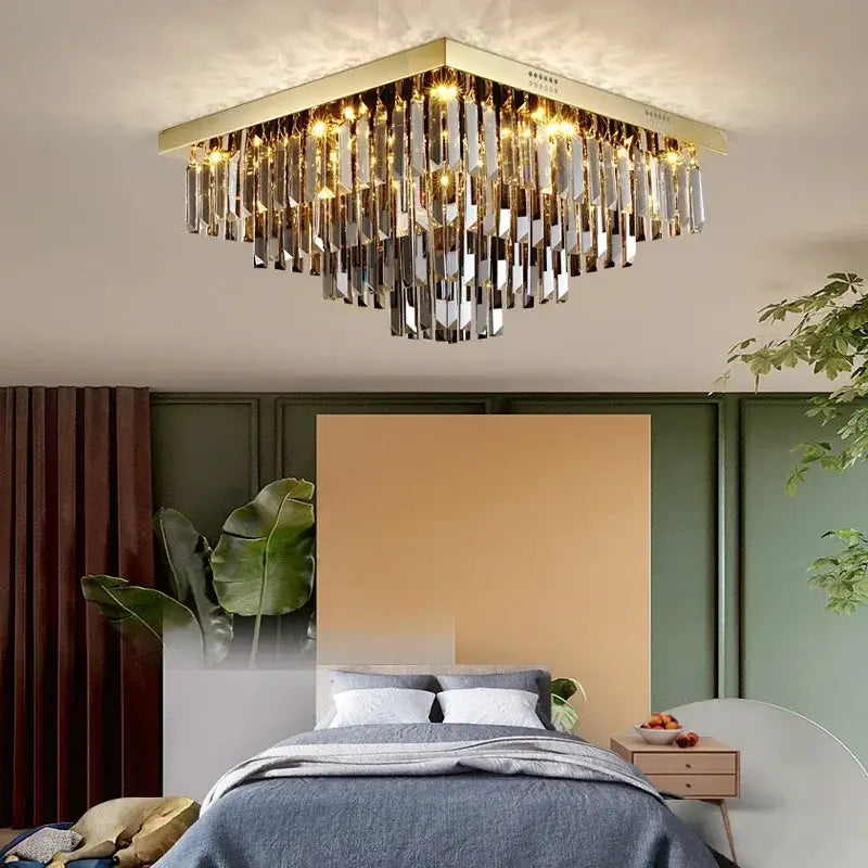 Plafonnier Cristal Carré Design Moderne Doré Étincelant Chic