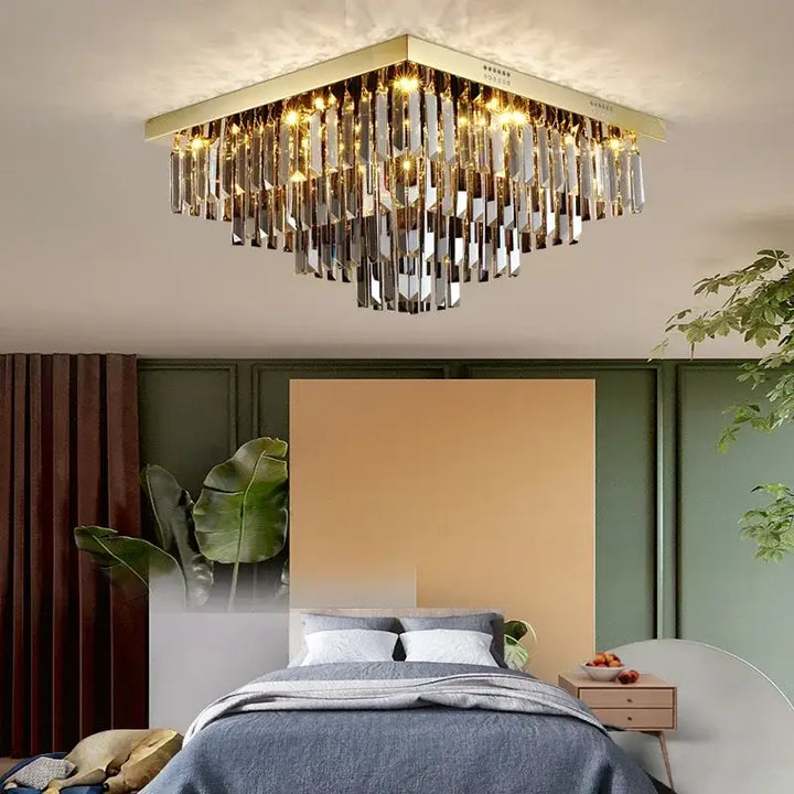 Plafonnier Cristal Carré Design Moderne Doré Étincelant Chic