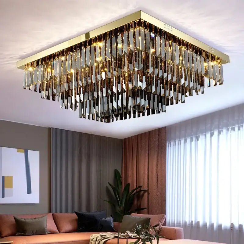 Plafonnier Cristal Carré Design Moderne Doré Étincelant Chic