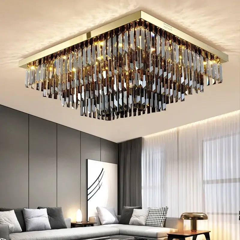 Plafonnier Cristal Carré Design Moderne Doré Étincelant Chic