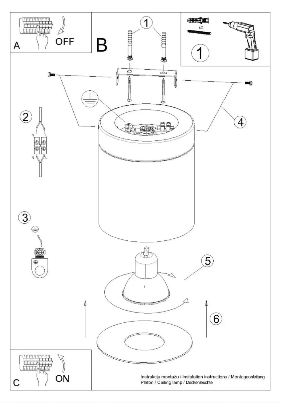 Luminaire plafonnier cylindre d’aluminium blanc avec abat-jour en verre dépoli et support métal pour ampoule gu10