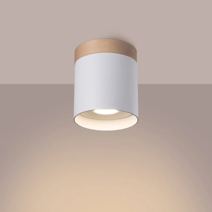 Plafonnier blanc/bois naturel allumé