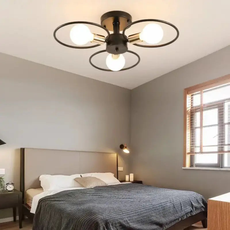 Plafonnier Design À Anneaux Métal Noir Et Ampoules Rétro

