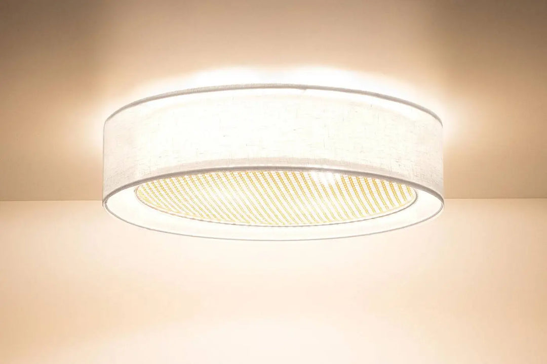 Luminaire plafonnier design en rotin naturel blanc crème avec abat-jour en tissu et panneau led à lumière douce