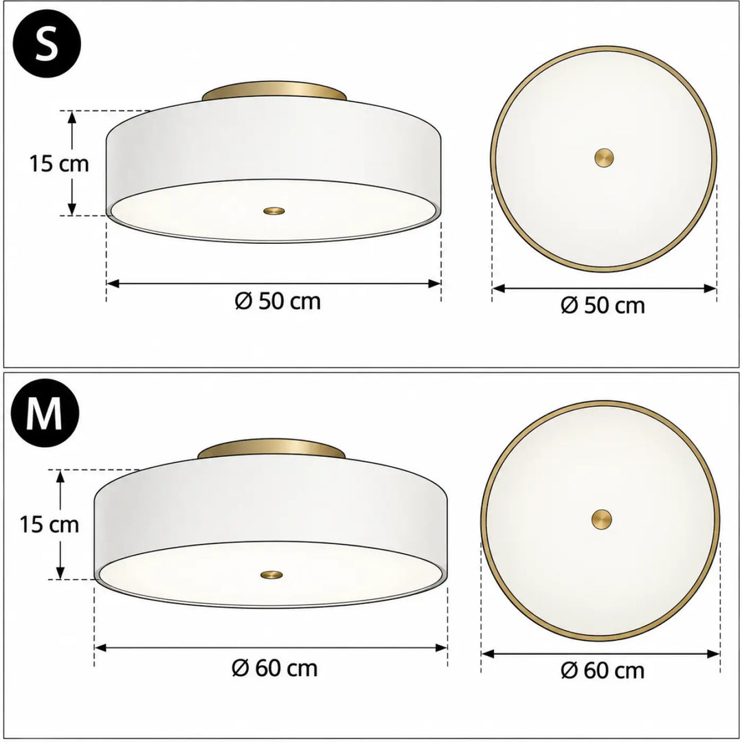 Plafonnier design blanc cylindrique avec cadre métallique doré, lumière agréable en s 50 cm ou m 60 cm