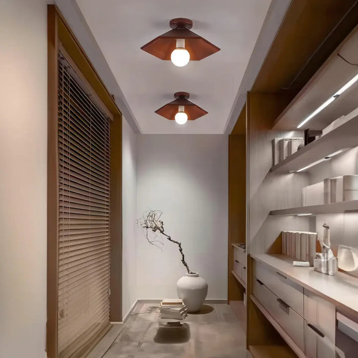 Plafonnier design bois noix et fer led décor bois marron