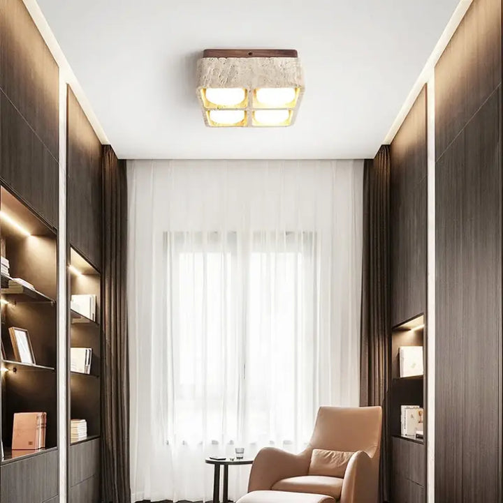 Plafonnier design carré en pierre et bois brut marron chic