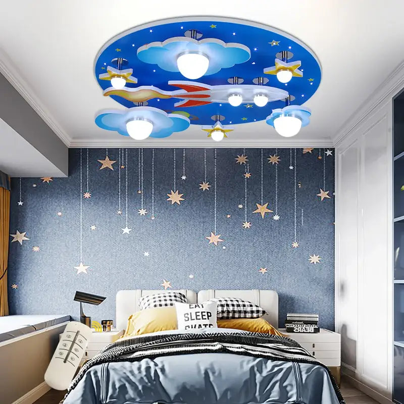 Plafonnier Enfant Fusée Ciel Étoilé Bleu Design Ludique

