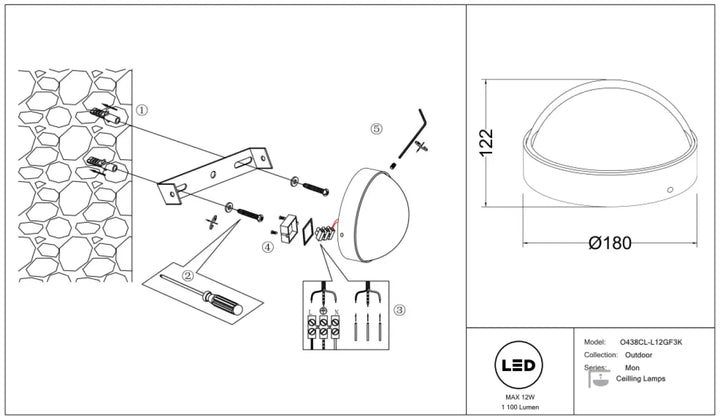 Plafonnier extérieur luminaire mon en acier noir avec design dôme blanc 12w et indice ip65