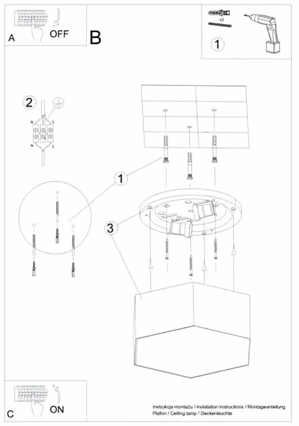 Schéma d’installation d’un plafonnier hexagonal sunde avec nid d’abeille et diffuseur opale pour éclairage encastré