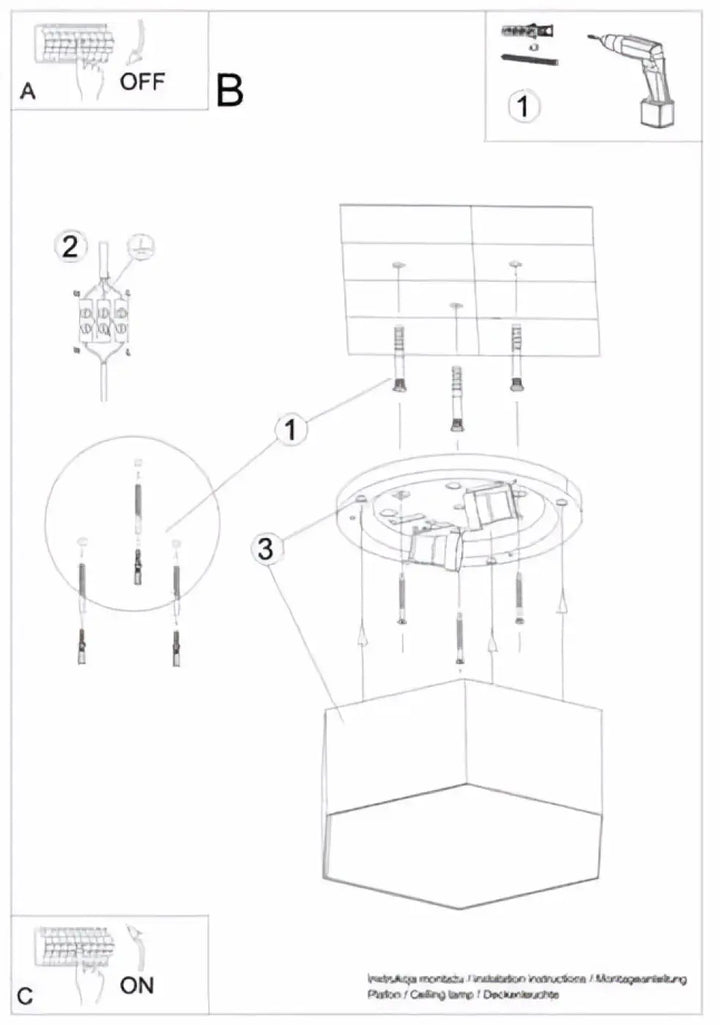 Schéma d’installation d’un plafonnier hexagonal sunde avec nid d’abeille et diffuseur opale pour éclairage encastré