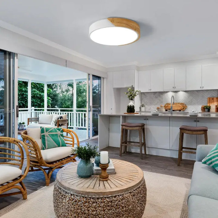 Plafonnier led blanc style scandinave élégant bois clair