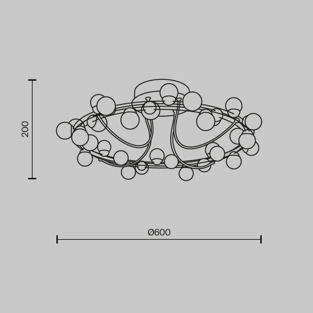 Plafonnier tessara disque doré led avec structure ovale moderne et ampoules sphériques en verre suspendues par fils incurvés
