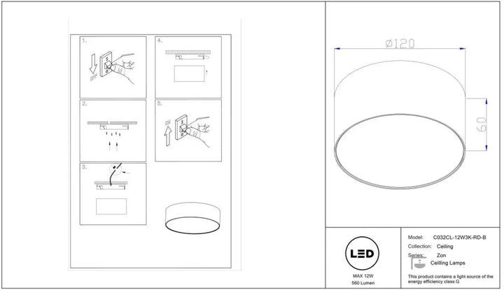 Luminaire plafonnier led zon rond minimaliste avec profil fin 120mm diamètre 50mm hauteur pour intérieur moderne