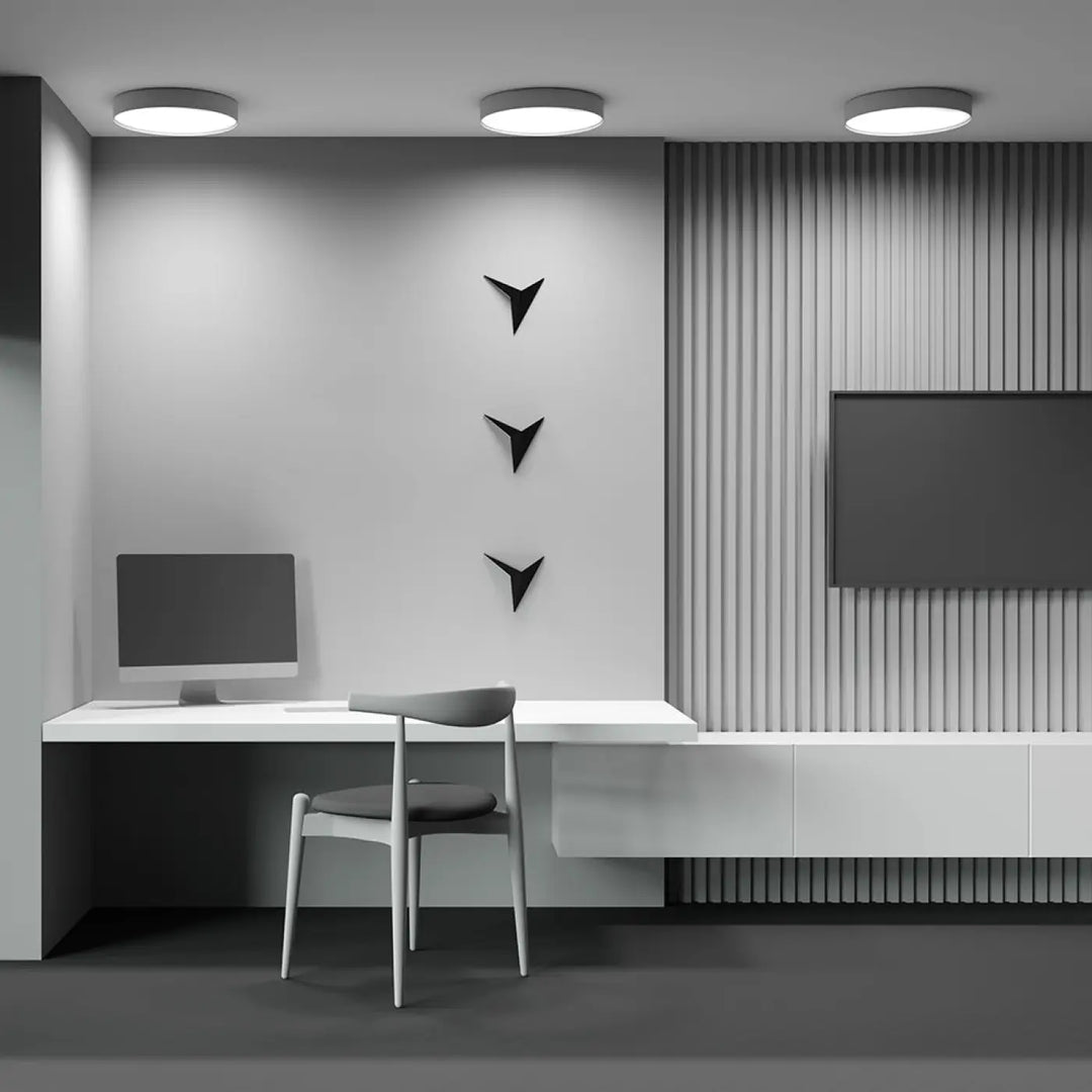 Minimalist blanc bureau avec design moderne et lignes épurées fonctionnant avec plafonnier led zon rond minimaliste profil fin