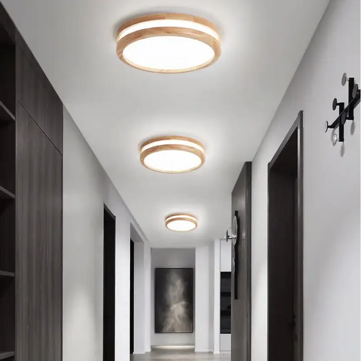 Plafonnier luminaire rond en bois clair et led