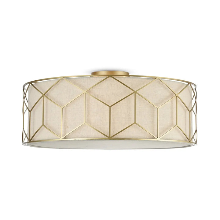 Plafonnier messina avec armature dorée géométrique et abat-jour en lin beige diffusant une lumière douce