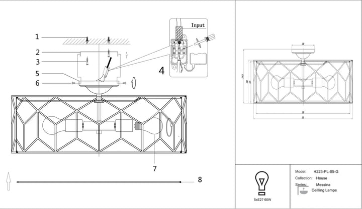 Luminaire plafonnier messina en métal avec armature dorée et design géométrique offrant une lumière douce élégante