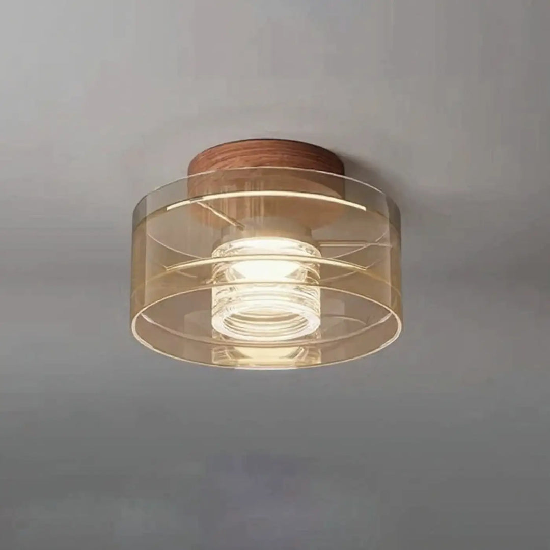 Luminaire plafonnier albeo moderne avec base en bois chaud et anneaux en verre clair flush mount