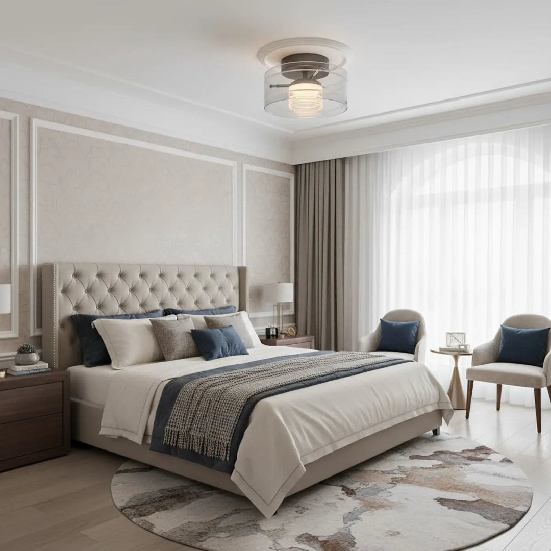 Tufted bed beige en tissu avec coussins bleu marine et gris dans la collection luminaire plafonnier albeo