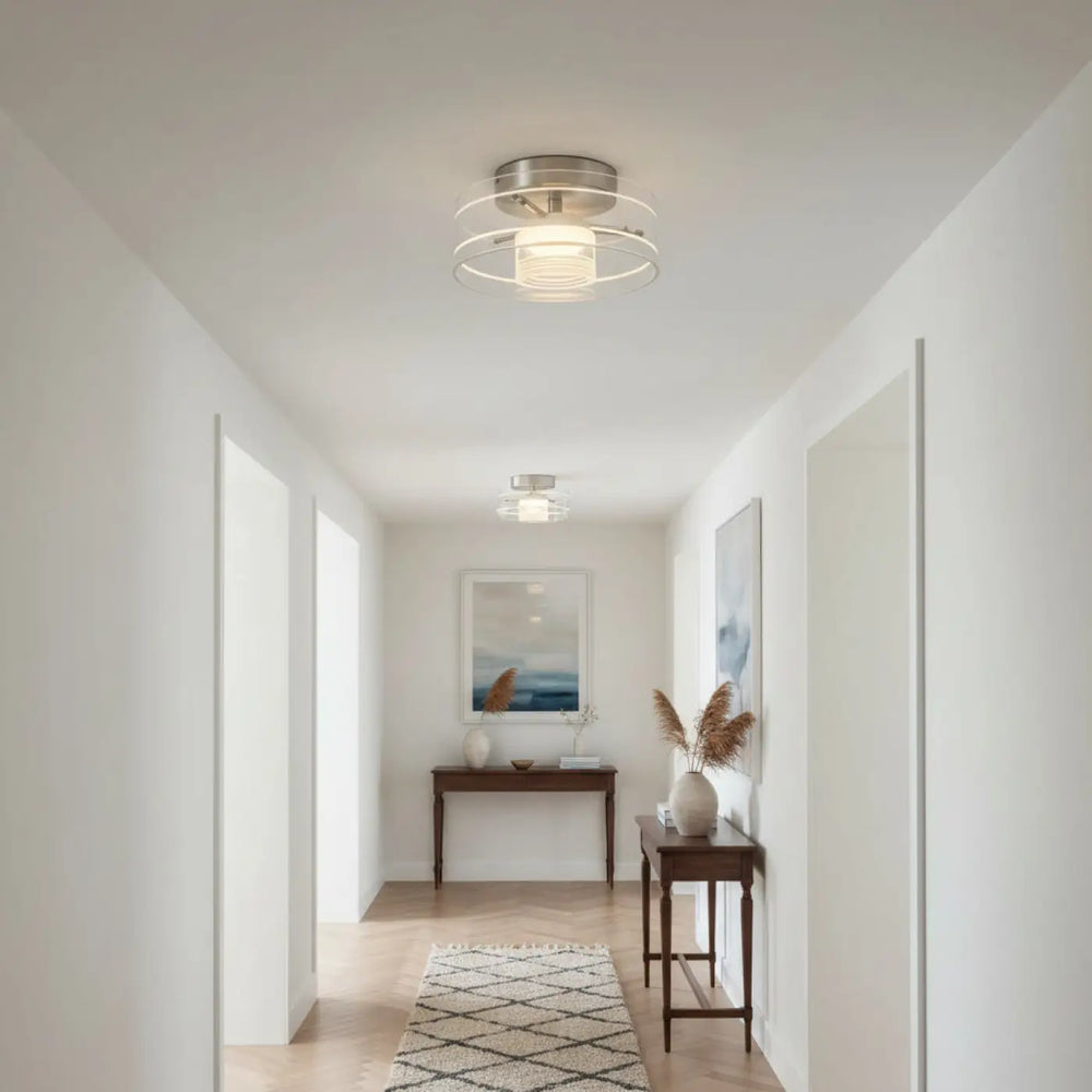 Luminaire plafonnier albeo en nickel brossé avec anneaux circulaires concentriques et diffuseur en verre dépoli