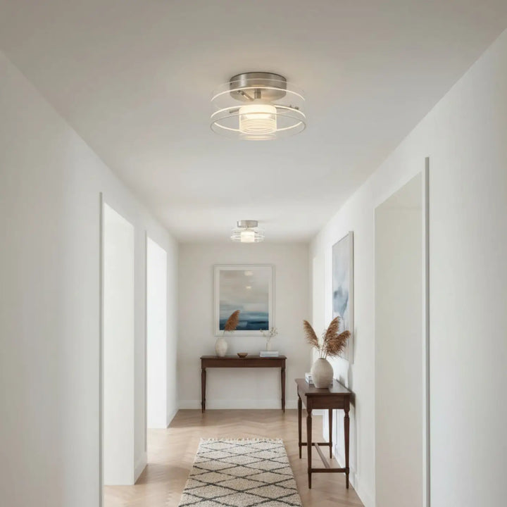 Luminaire plafonnier albeo en nickel brossé avec anneaux circulaires concentriques et diffuseur en verre dépoli