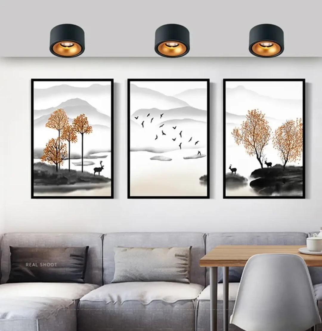 Luminaire plafonnier jinu avec trois impressions d’art minimaliste noir et orange, plafonnier moderne et plus qu’un décor
