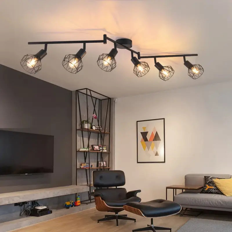 Plafonnier Noir Industriel À 6 Spots Orientables En Métal

