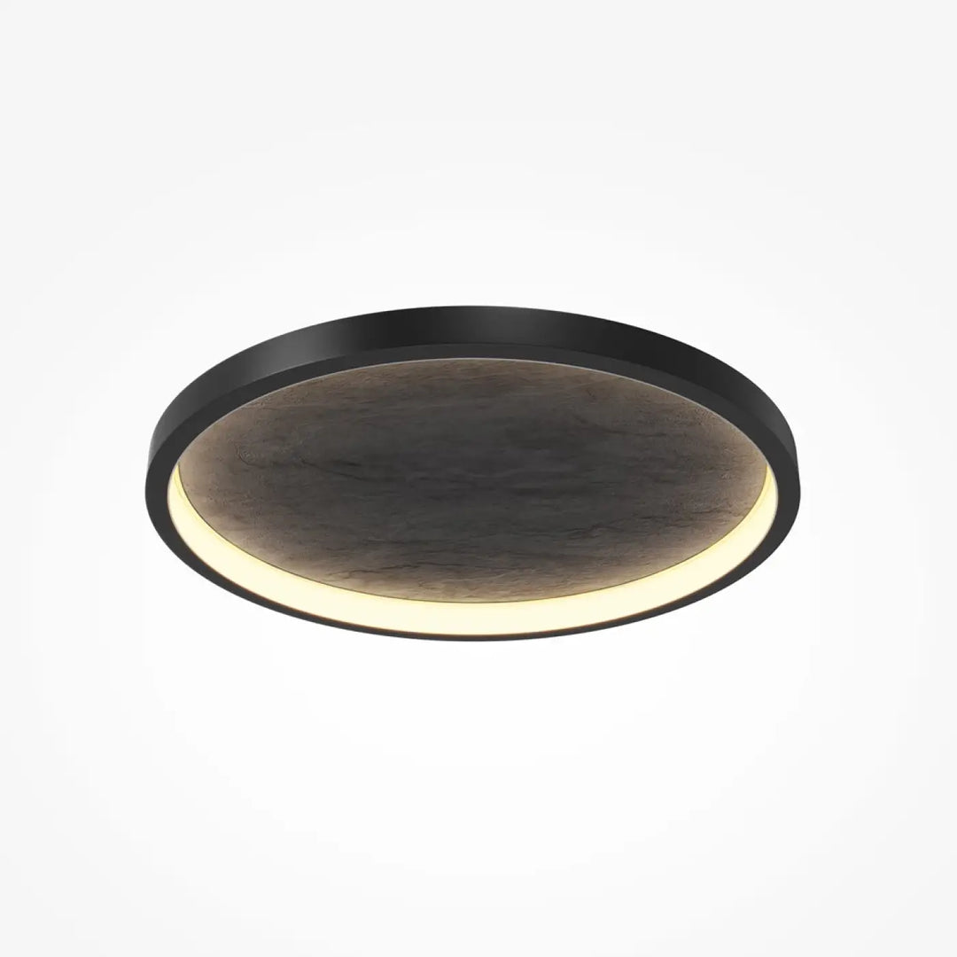 Luminaire plafonnier orign effet pierre avec lumière chaude led anneau noir circulaire centre texturé foncé