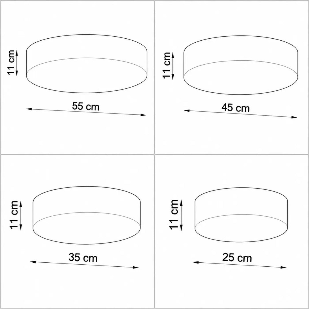 Luminaire plafonnier arena avec quatre cylindres bas de diamètres variés et disque diffusant pour chambre d’enfant