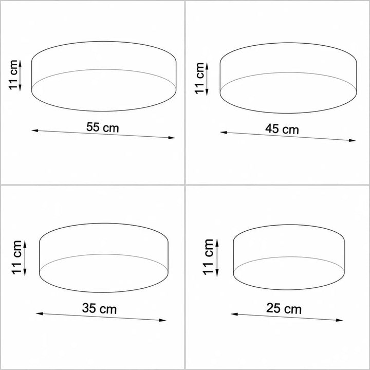 Luminaire plafonnier arena avec quatre cylindres bas de diamètres variés et disque diffusant pour chambre d’enfant