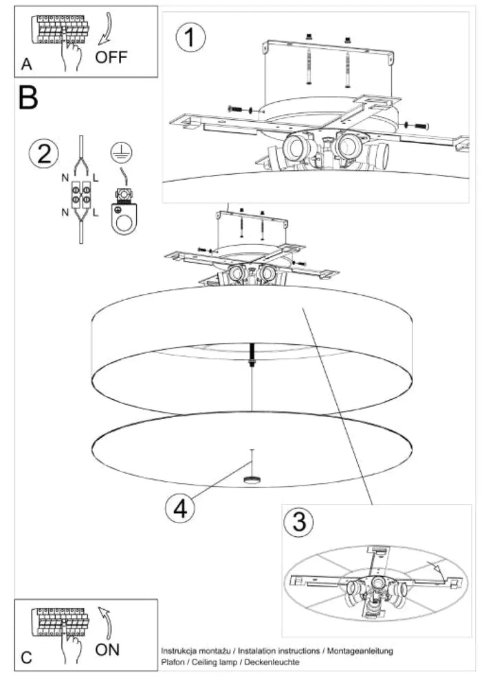 Diagramme dinstallation du luminaire plafonnier skala en verre dépoli pour coin salon avec plaque de fixation et câblage