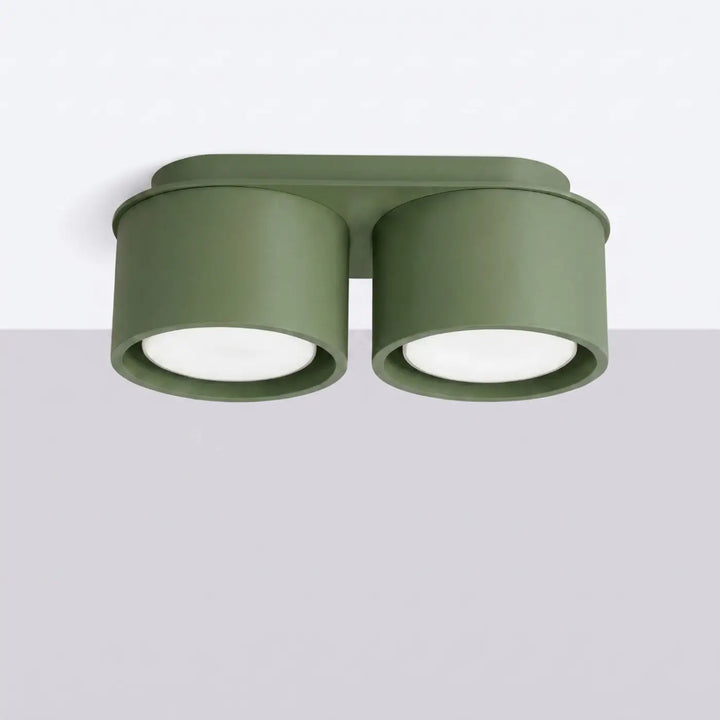 Plafonnier rond plat vert olive éteint, vue rapprochée