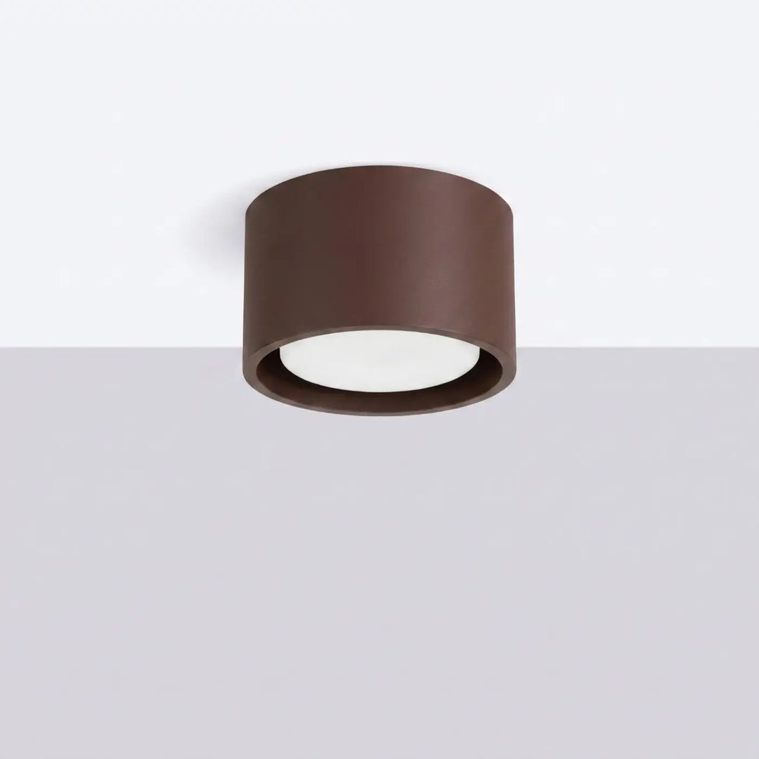 Plafonnier rond plat marron éteint, vue rapprochée