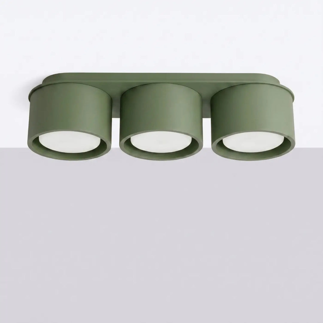 Plafonnier rond plat vert olive éteint, vue rapprochée