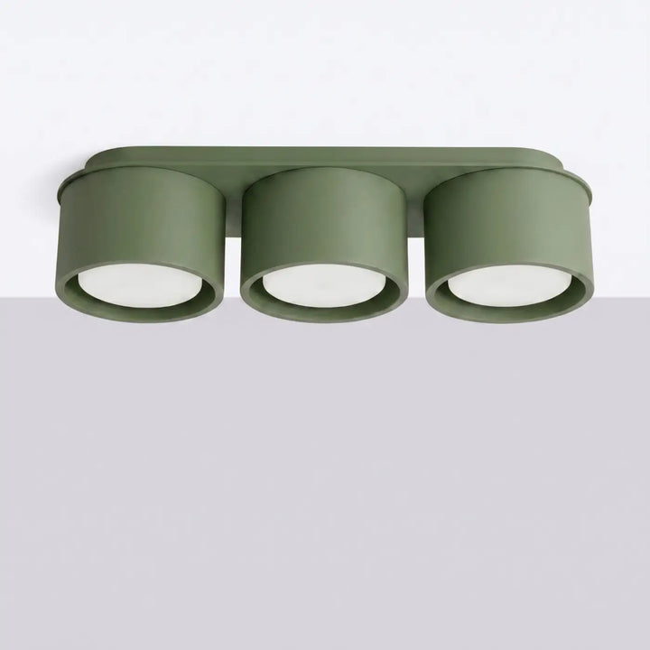 Plafonnier rond plat vert olive éteint, vue rapprochée