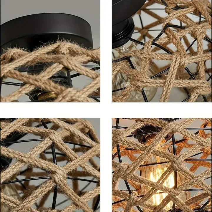 Plafonnier rustique en corde et métal style bohème naturel