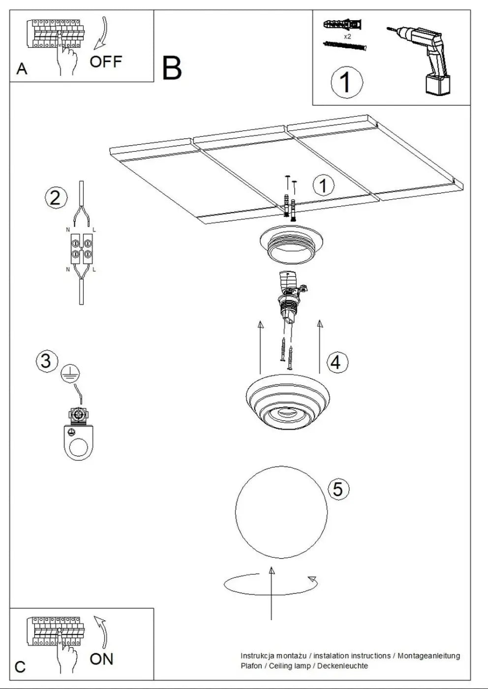 Diagramme de montage du petit plafonnier zori en céramique émaillée avec verre opalin montrant le câblage et la fixation