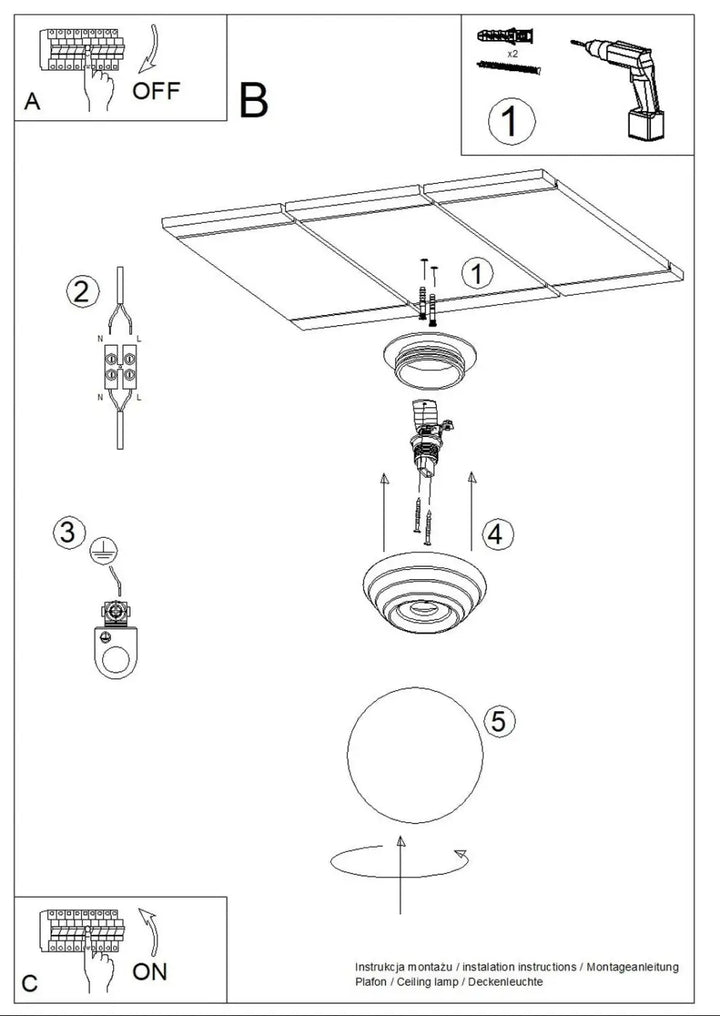 Diagramme de montage du petit plafonnier zori en céramique émaillée avec verre opalin montrant le câblage et la fixation