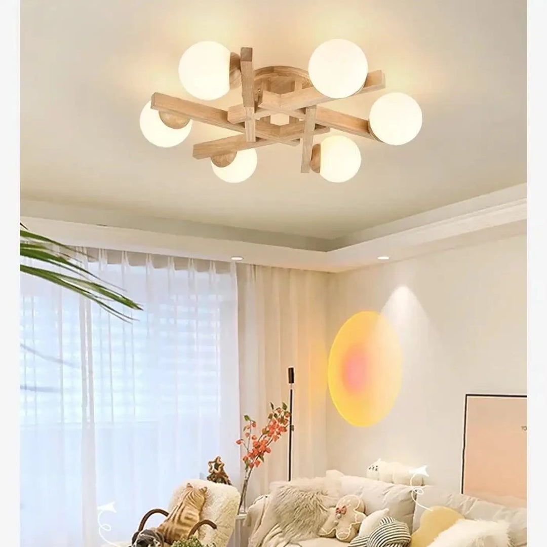 Plafonnier scandinave en bois avec globes style naturel