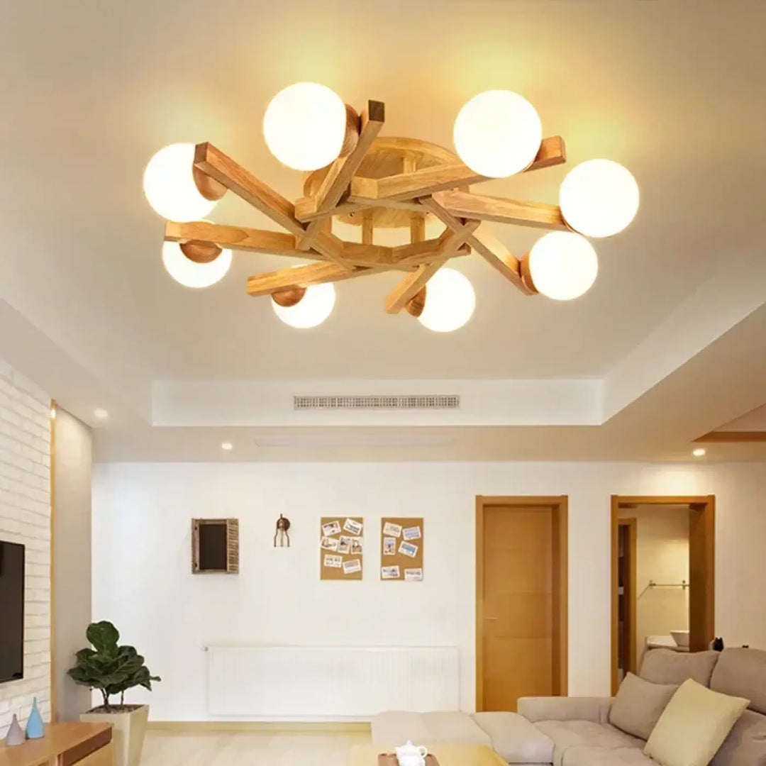 Plafonnier scandinave en bois avec globes style naturel