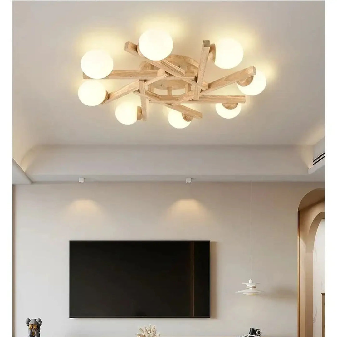 Plafonnier scandinave en bois avec globes style naturel