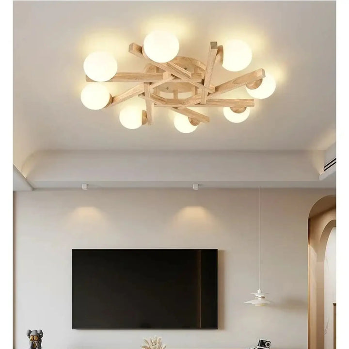 Plafonnier scandinave en bois avec globes style naturel